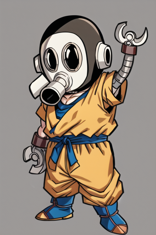 3210041-2367004896-toribot, 1boy, solo, humanoid robot,chibi, (wrench hand), gas mask, full body, standing, orange dougi,son goku, short sleeves, (.png